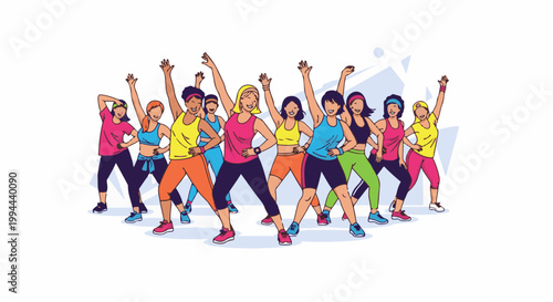 Energetic women in colorful athletic wear dance together with raised arms, smiling and moving
