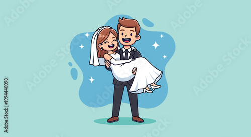 Happy Cartoon Groom Carrying Bride in Wedding Dress.
