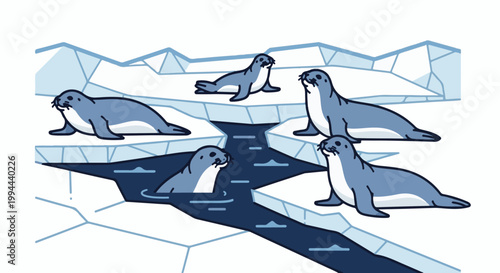 Five cute seals lounging on ice floes around a dark water channel