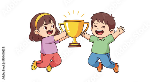 Happy children jumping with a golden trophy cup.