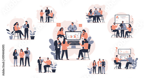 Business people, office workers, teamwork illustrations, corporate team, collaboration icons