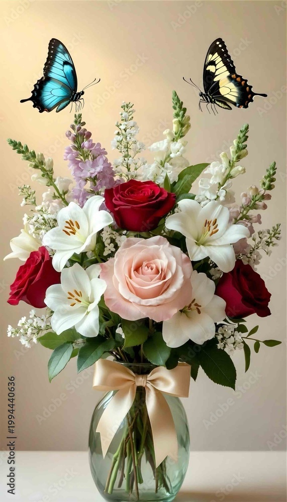 Obraz premium A lush floral arrangement overflowing from a clear glass vase, adorned with a soft peach satin ribbon tied in a bow. Photorealistic, macro photography, shallow depth of field