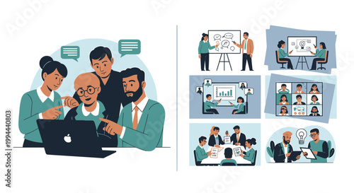 Business team collaboration, office meeting icons, teamwork illustrations, corporate workflow graphics