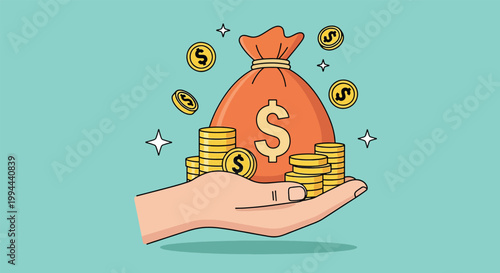 Illustration of a hand holding a money bag and gold coins representing wealth and financial success.