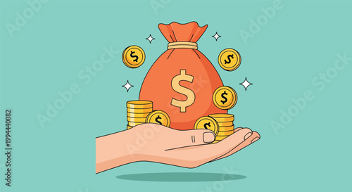 Illustration of a hand holding a red money bag and gold coins for financial success.