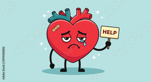 Sad Cartoon Heart Character Asking for Help.