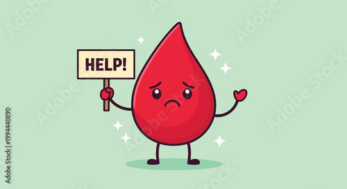 Sad Cartoon Blood Drop Character Holding Help Sign Illustration.