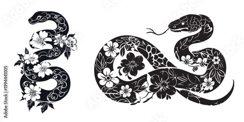 Floral snakes tattoo design vector set