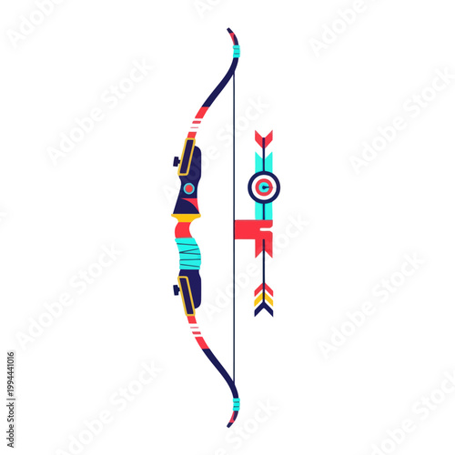 Colorful Native American Bow and Arrow Set with Target, Flat Design