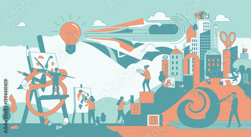 Creative concept illustration of idea generation and teamwork process