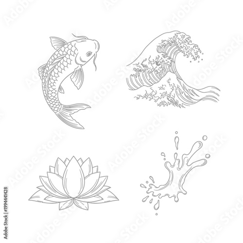 Elegant vector illustrations of koi fish wave lotus and water splash elements