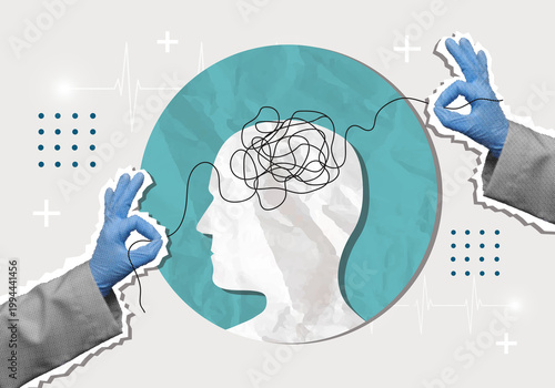 Mental health concept with tangled thread and silhouette