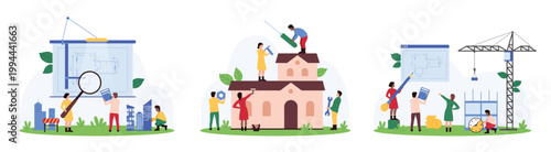Construction and reconstruction project of architects set. Tiny people study floor plan with magnifying glass, building house with construction crane according to drawing cartoon vector illustration