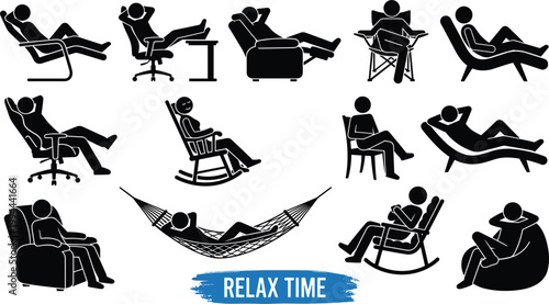 Relax time lifestyle silhouette icon set featuring people resting, lounging on chairs, hammock relaxation and calm leisure activities