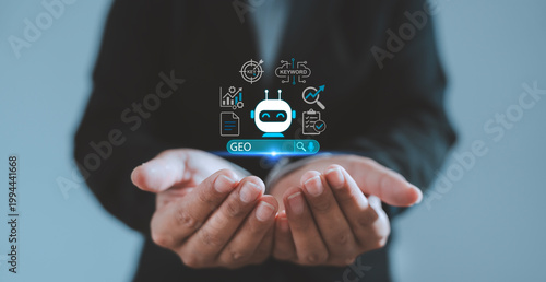 Cuadro en lienzo AI local SEO analysis concept cupped hands holding digital hologram robot GEO se