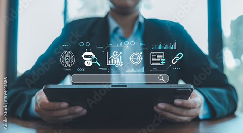 Fotografie AI SEO analysis concept hands holding tablet digital hologram search bar brain r