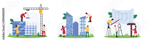 Construction and renovation of buildings, urban architecture set. Tiny people build house with construction crane according to blueprint project, repair modern building cartoon vector illustration