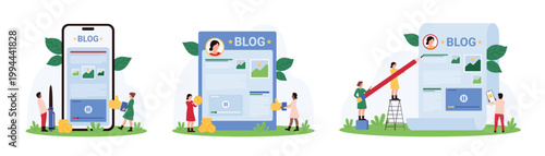 Author content creation, monetization of creative blog articles set. Tiny people make money on attracting audience, holding pencil and pen to create text, thumbs up cartoon vector illustration