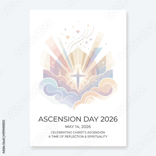 A vibrant illustration for Ascension Day of Jesus Christ 2026, depicting Jesus ascending to heaven with a cross, surrounded by colorful rays and clouds, symbolizing spiritual event and holy