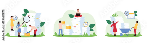 Poor organization of paperwork, bureaucracy set. Tiny people work with stack of paper documents, lot of binder books and messy reams of sheets form to organize archives cartoon vector illustration