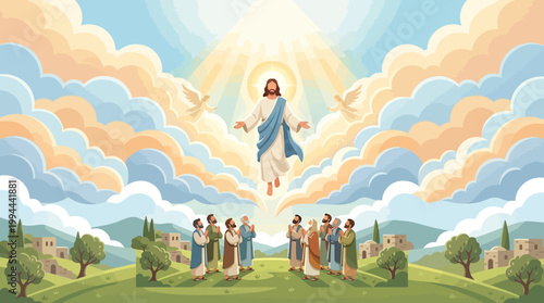 Illustration of Jesus Christ ascending to heaven on Ascension Day, surrounded by disciples in a serene landscape with clouds and sunlight, conveying a spiritual and divine atmosphere.