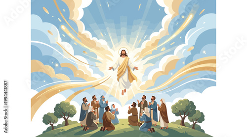 Illustration of Jesus Christ ascending to heaven on Ascension Day, surrounded by disciples in a serene landscape with clouds and sun rays, symbolizing a sacred Christian holiday and