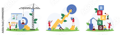 Startup launch, development set. Tiny people and robotic hand building tower from cubes and text Brand, carry pin location and mini store model, holding arrow to hit target cartoon vector illustration