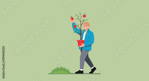 Person walking outdoors with a large bouquet of colorful flowers on their head and holding a red cup against a light