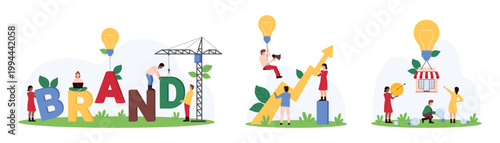 Startup and brand product development, success strategy set. Tiny people and construction crane build word Brand and company progress, store building flying on light bulb cartoon vector illustration