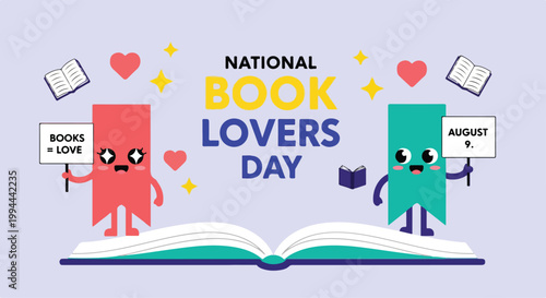 Colorful cartoon books with hearts and stars celebrating national book lovers day in a cheerful and playful illustration