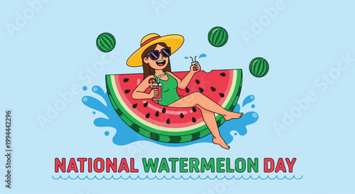 Happy woman relaxing on a colorful watermelon float in a pool celebrating National Watermelon Day with fresh slices