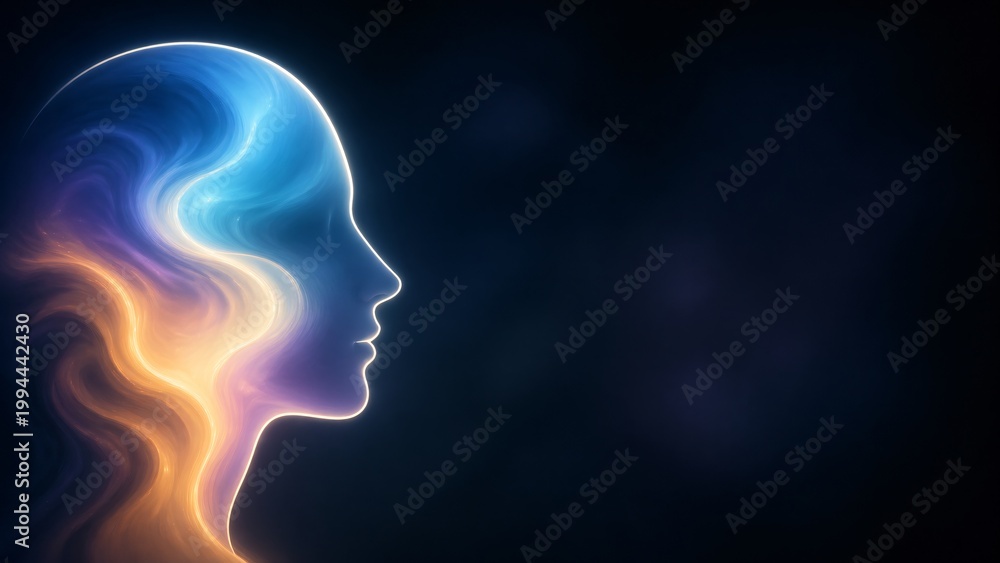 Obraz premium Modern silhouette of human head with glowing liquid colors inside, emotional intelligence and mental thought process concept with copy space