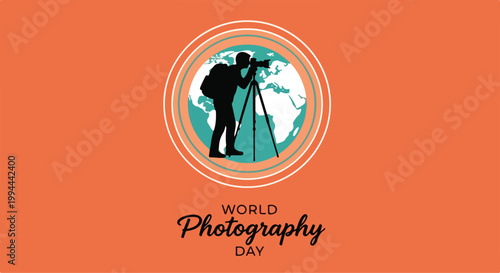 Silhouette of a photographer taking pictures with a camera on a tripod against a world map background for World