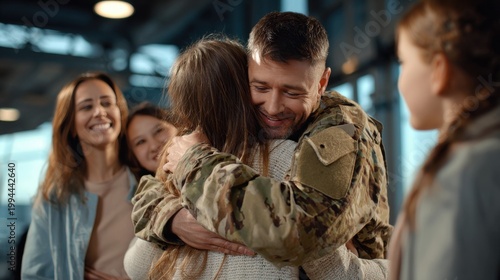 Military father in uniform embracing his family at homecoming