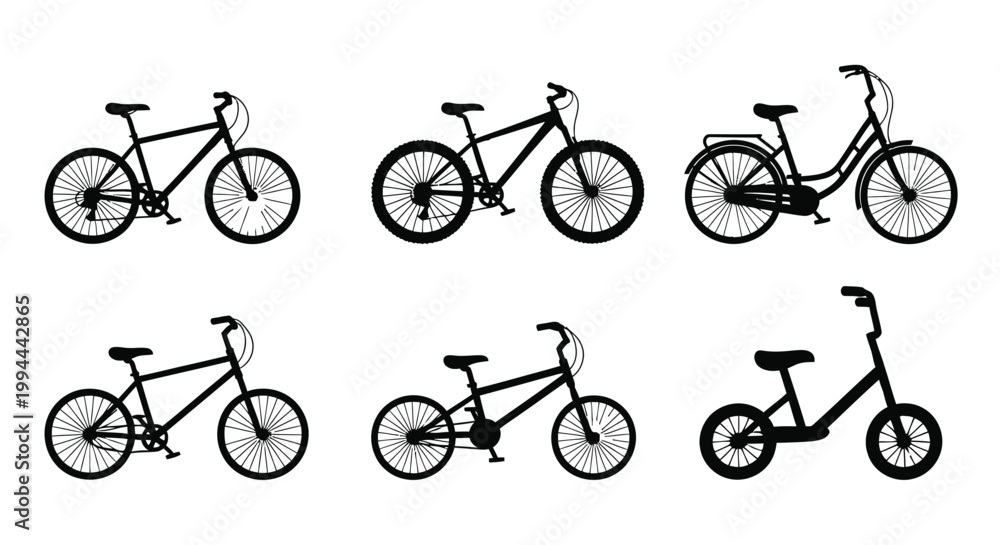 Obraz premium Collection of silhouette bicycles in various styles arranged in rows