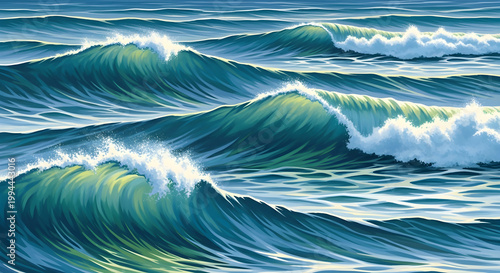 Ocean waves crash on shore with foamy white crests rolling in