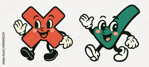 Playful cartoon checkmark and cross vector element set