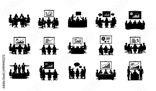 Corporate meeting silhouette collection with presentation and teamwork scenes in grid layout vector