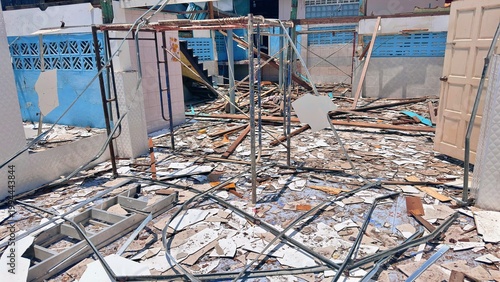Building Demolition Debris Interior Scene, Construction Waste and Broken Structure Background