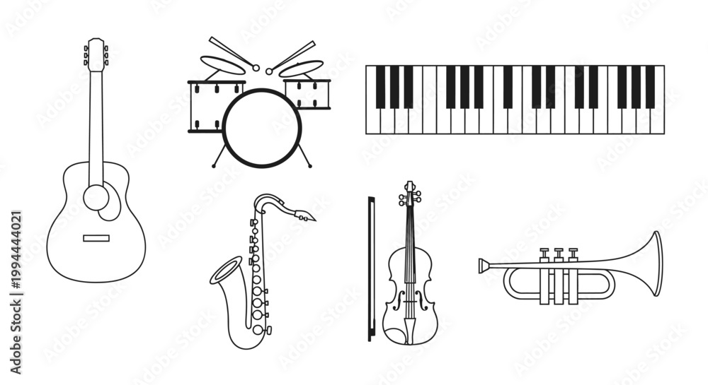 Fototapeta premium Musical instruments collection guitar drums piano saxophone violin trumpet