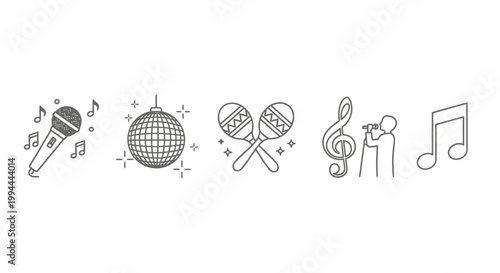 Music icons set microphone disco ball maracas singer with treble clef and note