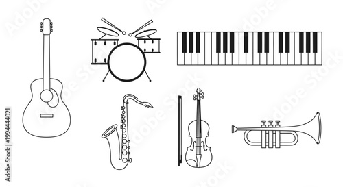 Musical instruments collection guitar drums piano saxophone violin trumpet