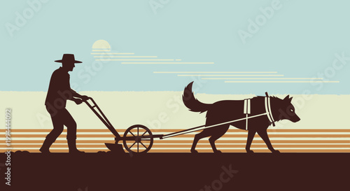 Silhouette of farmer plowing field with dog during daytime vector illustration