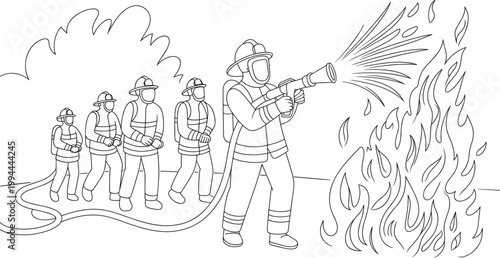 Line art illustration of firefighters spraying water on flames showing teamwork and fire safety action