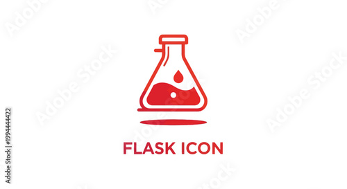 Red Laboratory Flask Icon with Liquid Inside, Isolated on White.