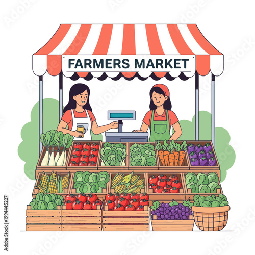 Farmers Market Stall with Fresh Produce and Vendors