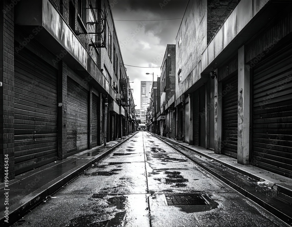 Fototapeta premium Monochrome Alleyway Perspective - A Study in Urban Decay and Reflection.