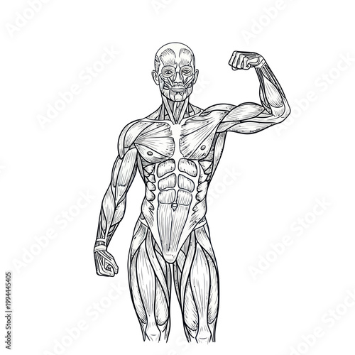 Anatomical Illustration of Muscular Human Body, Flexing Bicep, White Background