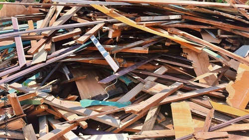 Pile of Demolition Wood and Construction Waste, Scrap Material Heap Industrial Background