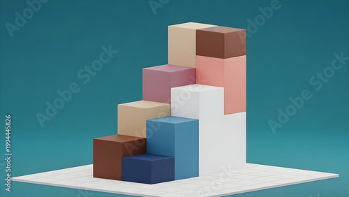 A colorful 3D bar graph rises on a white base on a teal background